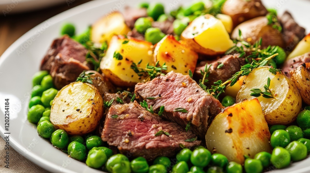 Poster plate of roasted beef with potatoes and green peas garnished with thyme on a white dish with copy sp