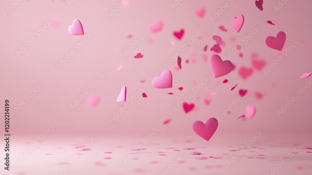 Poster many pink hearts of different sizes are falling and creating a festive atmosphere for valentine's da