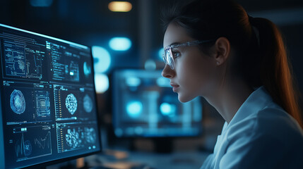 Scientist analyzes complex data on multiple monitors in a modern laboratory at night. Generative AI