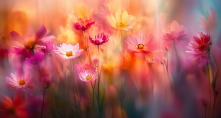 Obraz premium Colorful blooming flowers create a vibrant garden scene during springtime in a sunny field