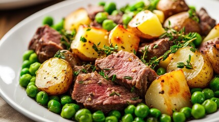 Plate of roasted beef with potatoes and green peas garnished with thyme on a white dish with Copy Space for text