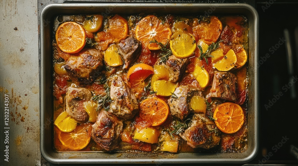 Poster roasted meat and citrus medley with colorful vegetables in a baking tray with herbs and spices copy 