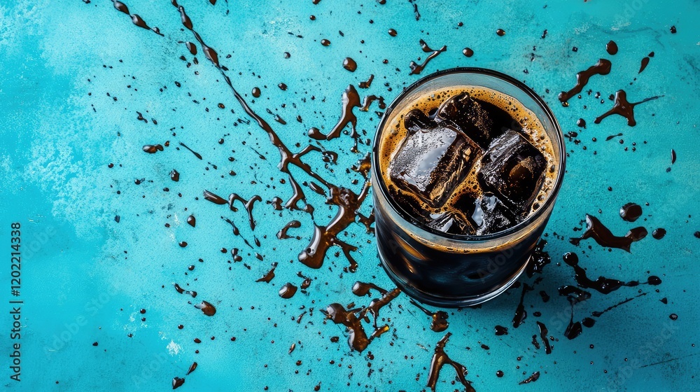 Poster Cold coffee drink with ice cubes on a textured turquoise background with coffee splashes and copy space for text.