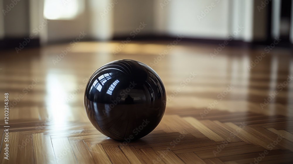 Poster black sphere on polished wooden floor with reflections and soft lighting copy space