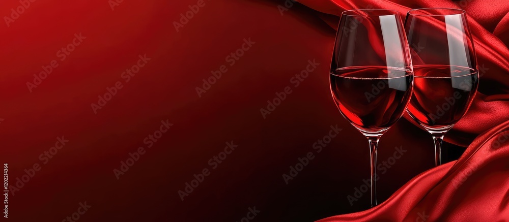 Poster red silk fabric background with two wine glasses filled with red wine, elegant composition and ample