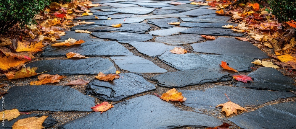 Poster stone pathway covered with autumn leaves in a natural setting with vibrant colors and copy space for