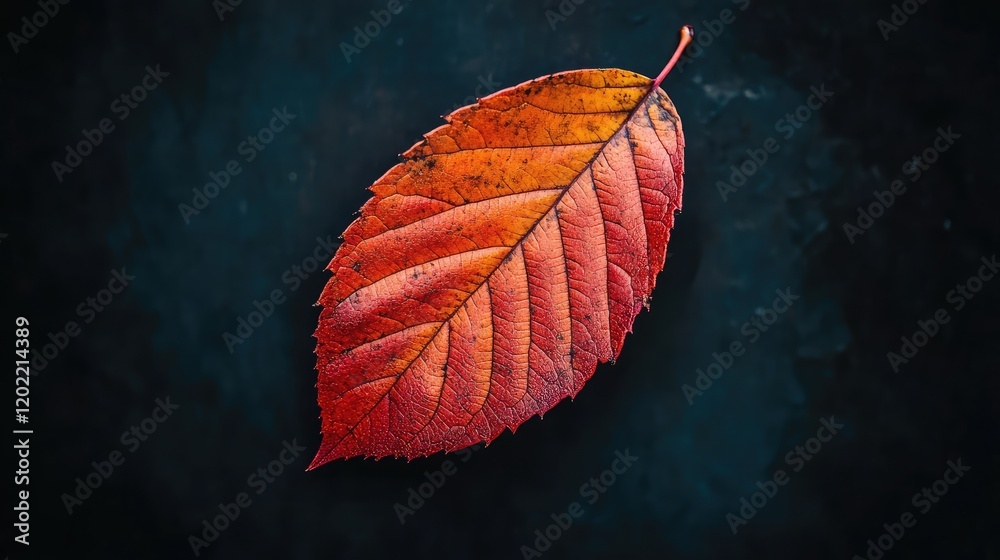 Aufkleber colorful autumn leaf laying on a dark textured surface with copy space for text