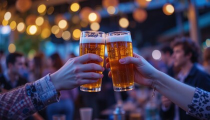 A barman's hand pours cold beer into a glass for a pub celebration