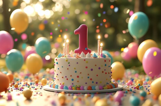 Colorful birthday celebration for a child's first year with decorations and cake