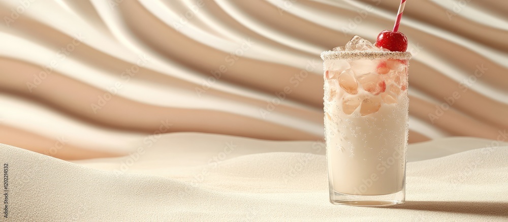 Poster Milkshake in a tall glass with cherry on top set against a textured beige background with Copy Space for text