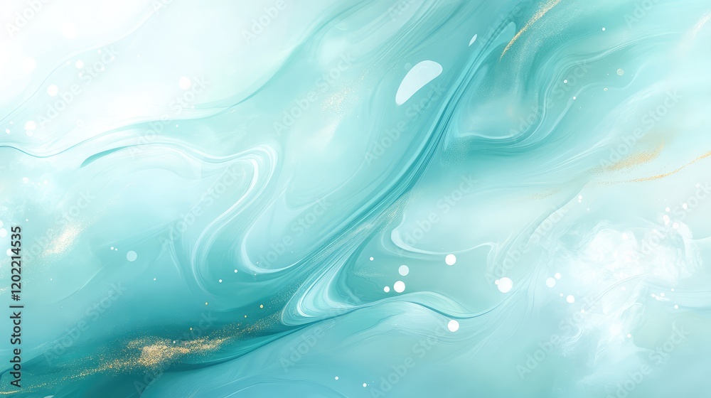 Poster Abstract turquoise fluid background with smooth flowing curves and shimmering golden accents, ideal for modern design with copy space.