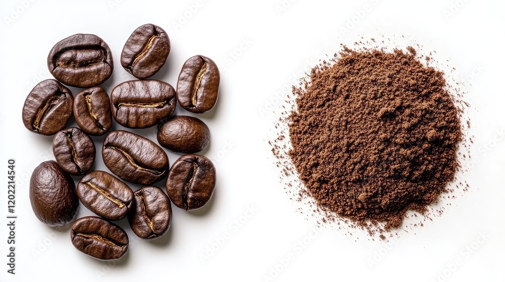 Poster coffee beans and ground coffee on white background with copy space for text