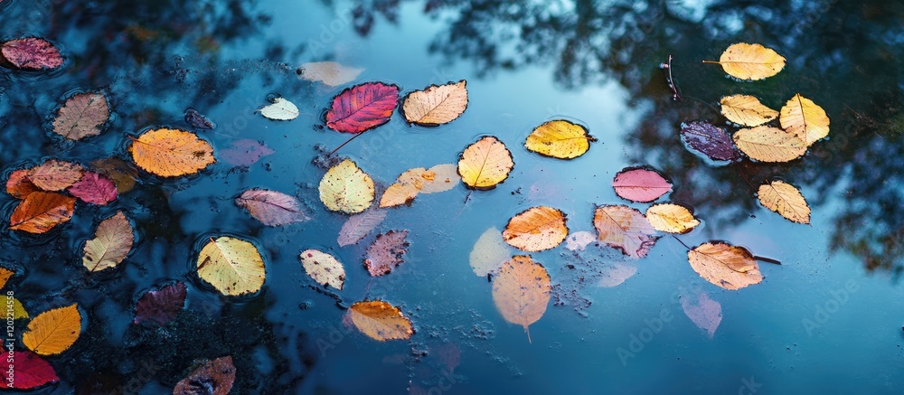 Aufkleber Colorful autumn leaves floating on a calm water surface with reflections and copy space for text.