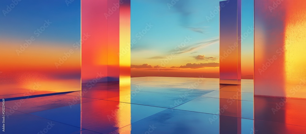 Aufkleber Abstract colorful structures reflecting sunset hues in a serene environment with Copy Space for text insertion.