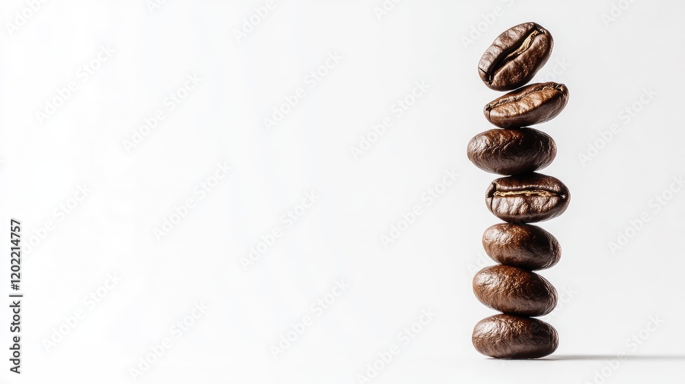 Poster Stacked roasted coffee beans with clean background and ample copy space for text placement