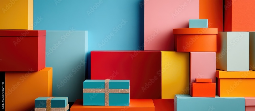 Poster colorful stacked gift boxes in various sizes against a vibrant geometric background with copy space 