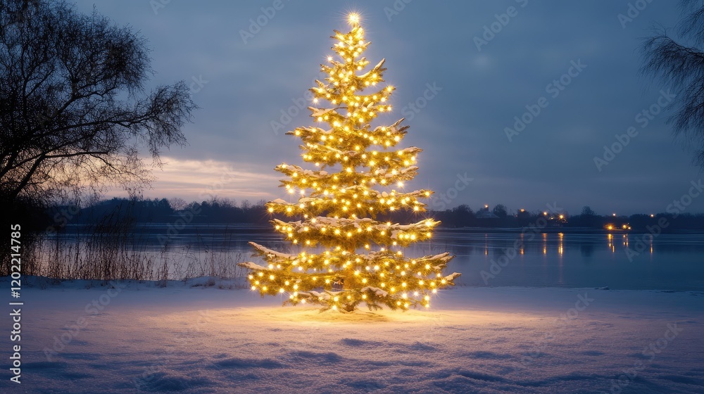 Poster Illuminated Christmas tree with glowing lights in a snowy landscape at dusk near a reflecting lake Copy Space