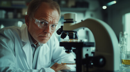 Experienced scientist examining samples in a laboratory under soft lighting while focusing on research findings. Generative AI