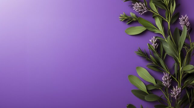 A modern and minimalistic top-down photo of foliage and plants on a studio surface. The purple and green aesthetic, with ample empty space, may be used for banners, web headers, and social media posts