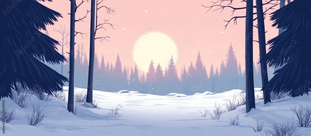 Aufkleber winter forest landscape with snow-covered ground and a large sun setting behind trees copy space