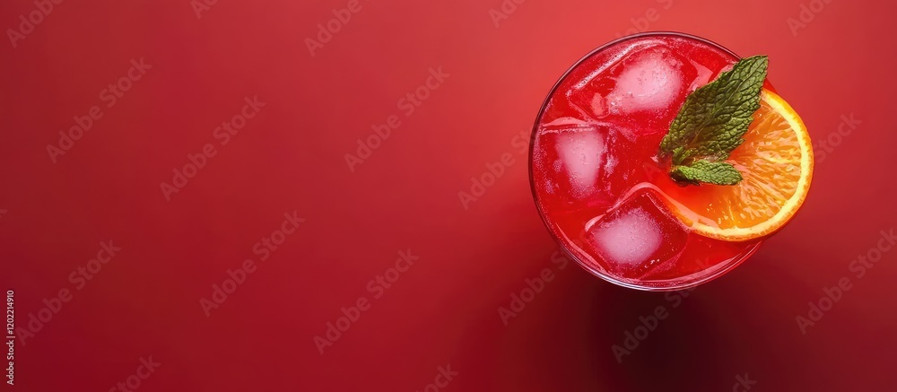 Aufkleber Refreshing red cocktail with ice cubes and orange slice garnished with mint on a red background with Copy Space