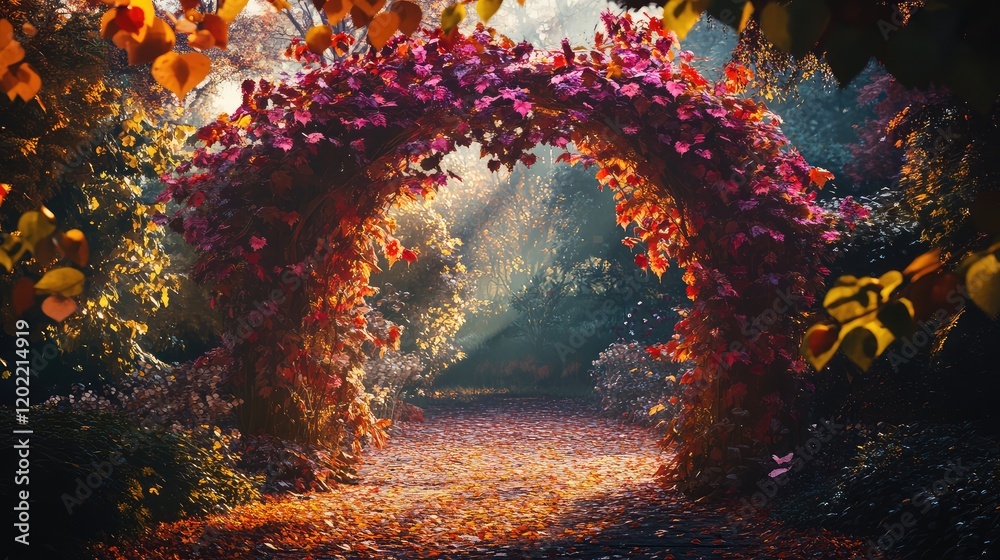 Poster colorful floral archway in a sunlit forest path with autumn foliage and soft rays of light copy spac