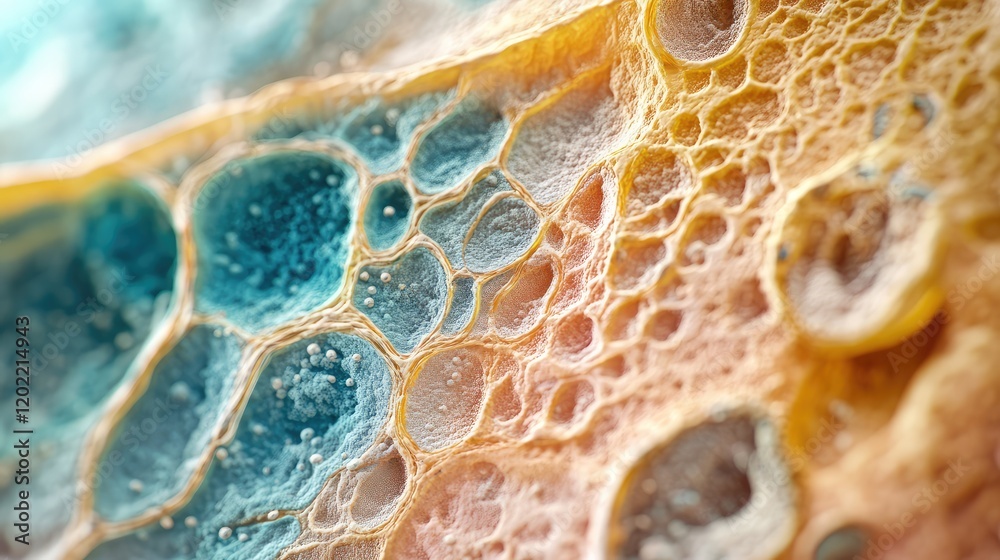 Poster Abstract close-up of colorful cellular patterns with textures and bubbles on a vibrant background, suitable for scientific or artistic concepts. Copy Space.