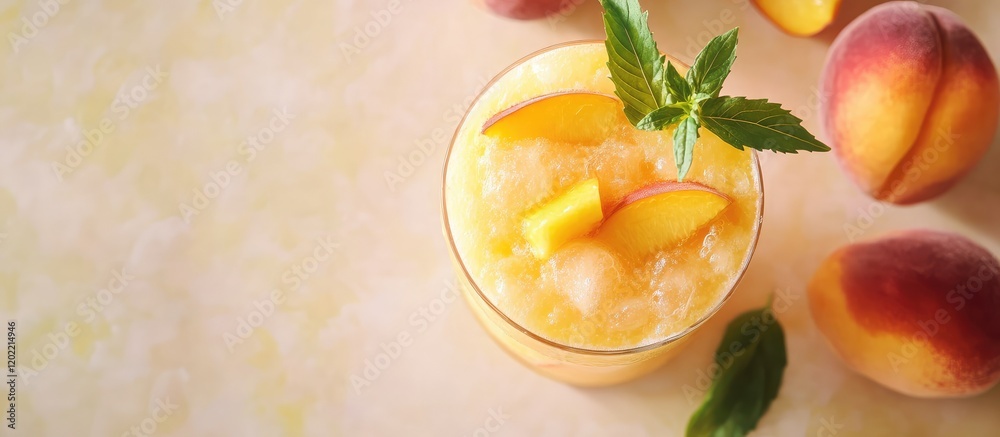 Poster refreshing peach smoothie in a glass with peach slices and mint leaves, surrounded by fresh peaches,