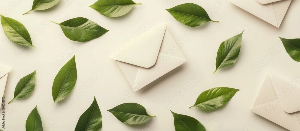 Poster Green leaves and white envelopes on a light background with Copy Space for text placement