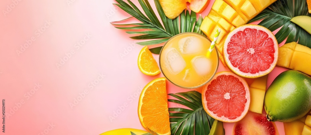 Poster colorful arrangement of fresh tropical fruits and a refreshing drink on a pink background with copy 