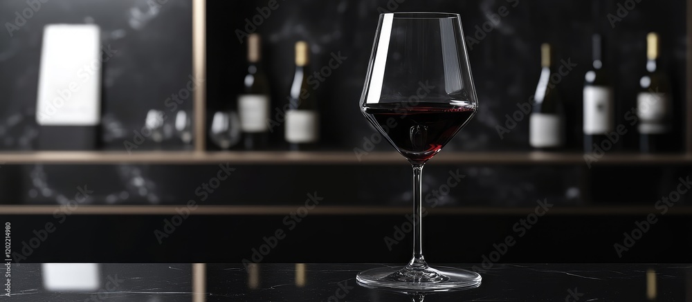 Poster Red wine glass on a reflective surface with blurred wine bottles in the background and Copy Space for text.