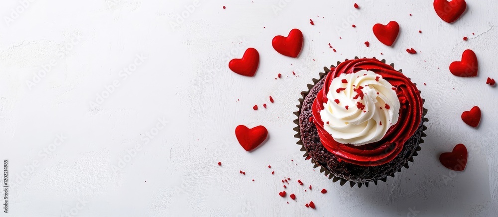 Poster red velvet cupcake with cream cheese frosting topped with red sugar hearts on a white background wit