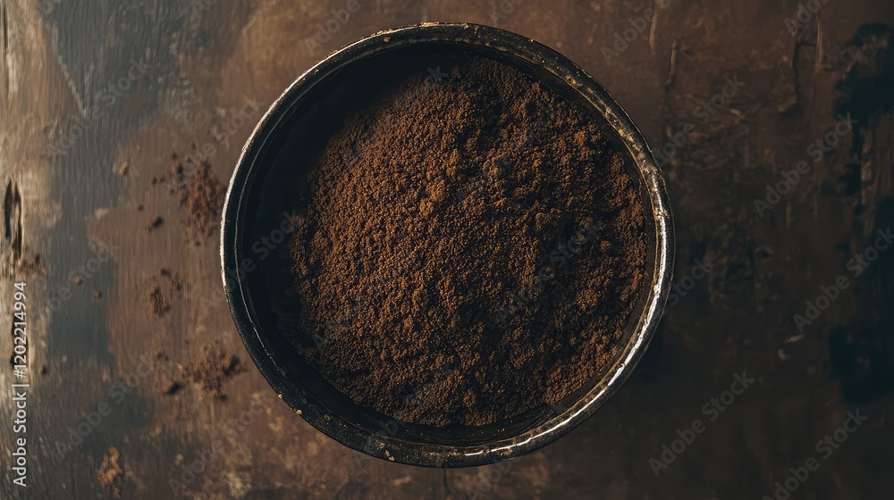 Poster ground coffee in a circular dish on a rustic wooden surface with copy space for text.