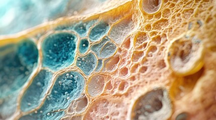 Abstract close-up of colorful cellular patterns with textures and bubbles on a vibrant background, suitable for scientific or artistic concepts. Copy Space.