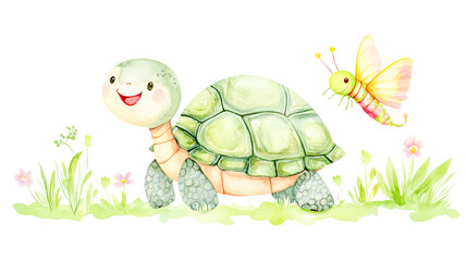 Friendly turtle with a wide grin, watercolor clip art, vector style, flat white background, with a joyful caterpillar crawling nearby, colorful details, and soft pastel shades.