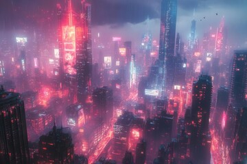 Fototapeta premium neon-lit megacity at midnight, holographic billboards reflect in glass skyscrapers, autonomous drones weave between buildings, purple and cyan cyberpunk atmosphere