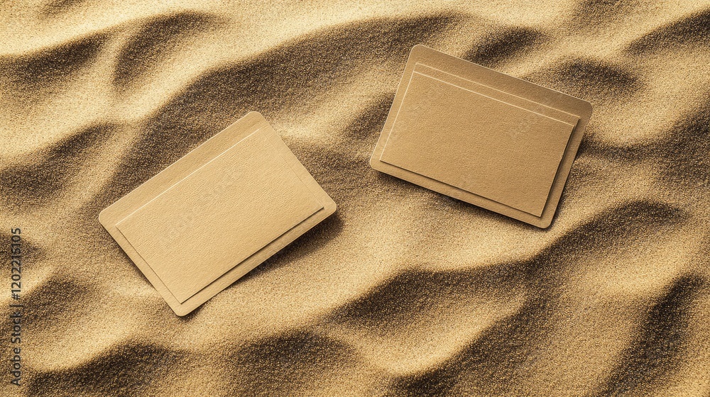 Poster Blank beige cards on gentle sand texture background with abstract wave patterns and copy space for text or design elements.
