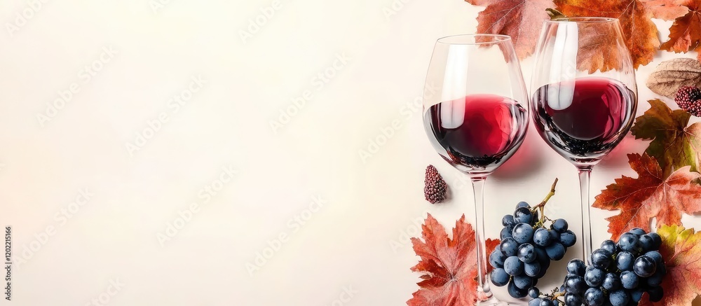 Poster red wine glasses with purple grapes and autumn leaves on neutral background with copy space for text