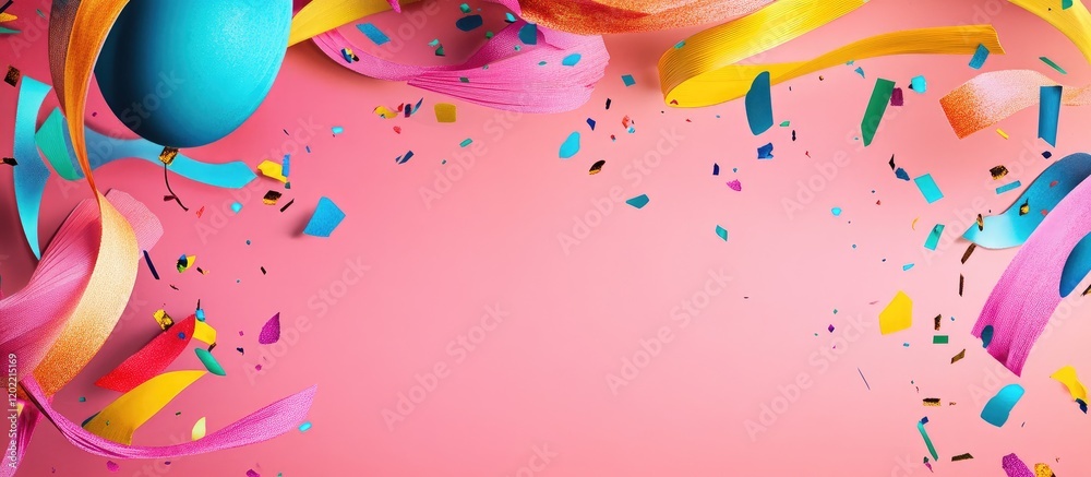 Poster colorful party decorations with ribbons and confetti on a pink background with ample copy space for 