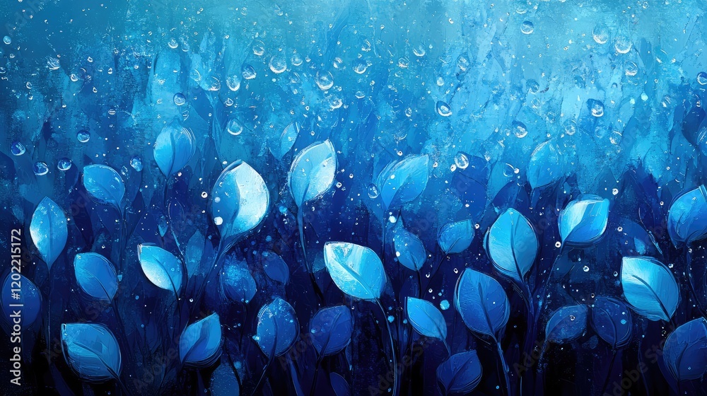 Poster Blue Leaf Abstract Background with Water Droplets and Gradual Color Transition Copy Space