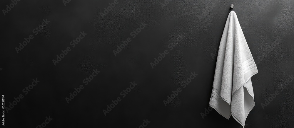 Poster white towel hanging on a hook against a black textured wall with copy space for text placement