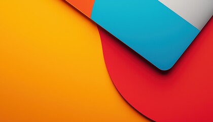 A vibrant composition featuring overlapping geometric shapes in blue, orange, and red against a yellow background.