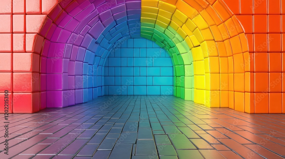 Aufkleber Colorful 3D cubic rainbow arch in a tiled room with reflective floor and copy space for text