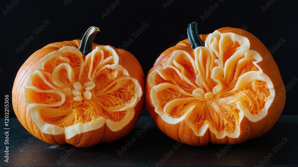 Aufkleber pumpkins carved with intricate flower designs on black background with copy space for text