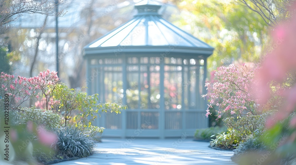 Aufkleber garden gazebo surrounded by blooming flowers and greenery with soft focus in the background and clea