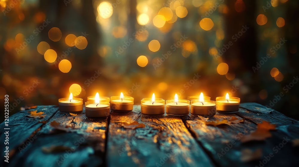 Aufkleber candles lit on wooden table surrounded by autumn leaves in blurred forest background with soft bokeh