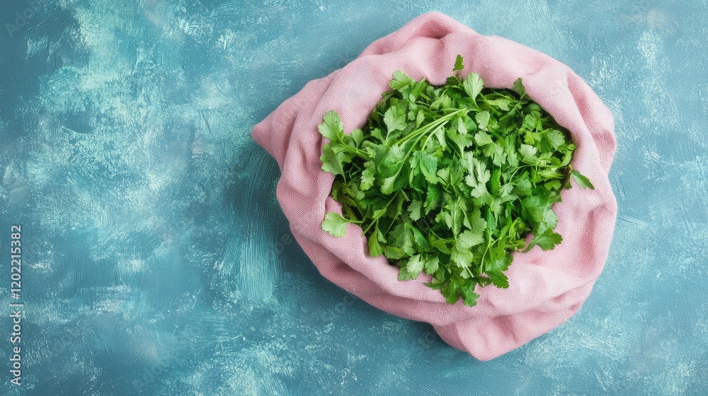 Poster fresh cilantro leaves in a soft pink cloth bag on a textured blue background with copy space for tex