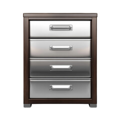 A sleek modern chest of four drawers with a dark wood frame and shiny metallic drawers.