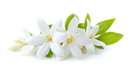 Obraz premium White flowers with green leaves on a white background Copy Space