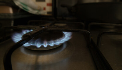 Gas burner close up on a kitchen gas stove